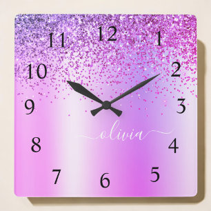 Purple Glitter Glam Metal Monogram Name Square Wall Clock