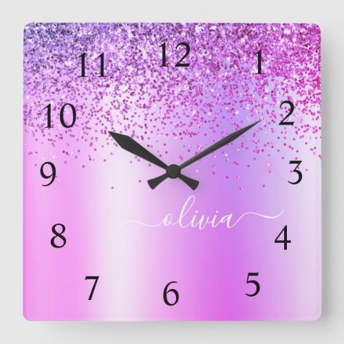 Purple Glitter Glam Metal Monogram Name Square Wall Clock