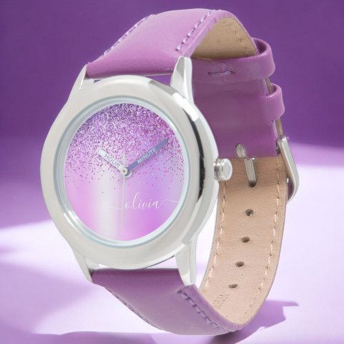 Purple Glitter Glam Metal Monogram Name Watch