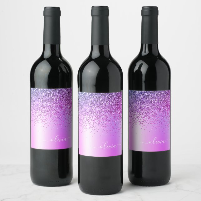 Purple Glitter Glam Metal Monogram Name Wine Label (Bottles)