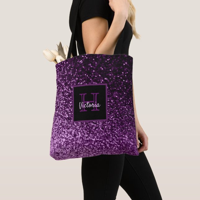 Purple glitter glam shiny girly monogrammed tote bag (Close Up)