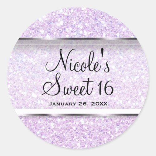 Purple Glitter Glam Sweet 16 Custom Party Favor Classic Round Sticker