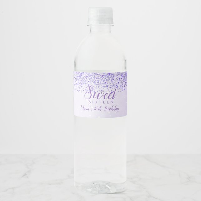 Purple Glitter, Glam Sweet 16 Water Bottle Label (Front)