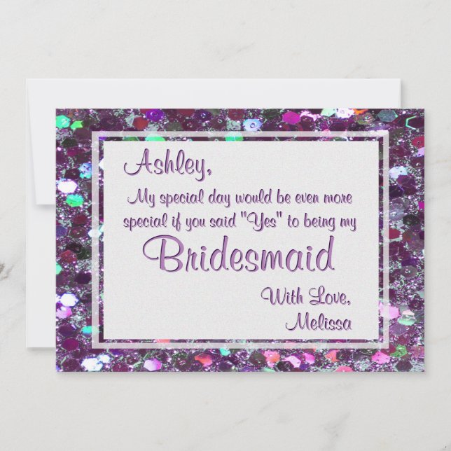 Purple Glitter Glam Will You Be My Bridesmaid Invitation (Front)