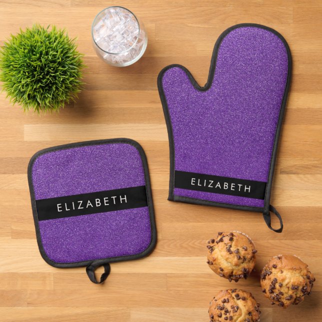 Purple Glitter, Glitter Background, Your Name Oven Mitt & Pot Holder Set (Top Down)
