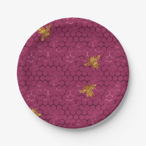 Purple Glitter Gold Bee Birthday  Paper Plates