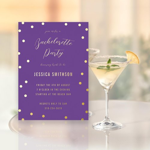 Purple Glitter Gold Confetti Bachelorette Party Foil Invitation