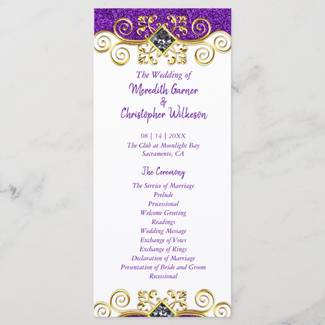 Purple Glitter Gold Gemstone Wedding Program (Front)