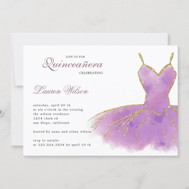 Purple Glitter Gown Quinceanera Invitation (Front)