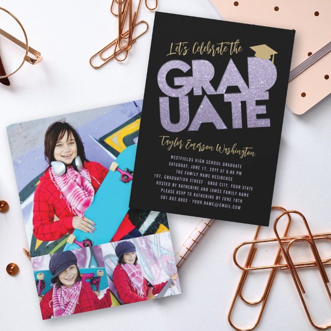 Purple Glitter Graduate Cutout Graduation Party Invitation (Creator Uploaded)