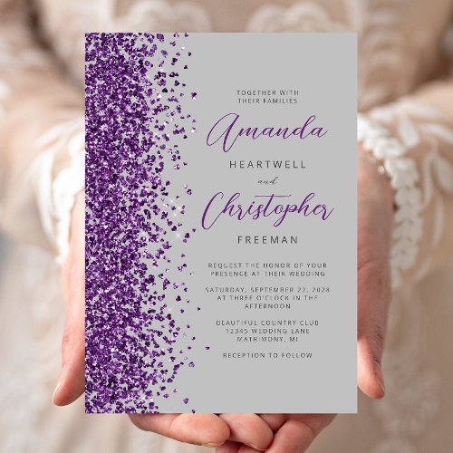 Purple Glitter Gray Modern Script Wedding Invitation