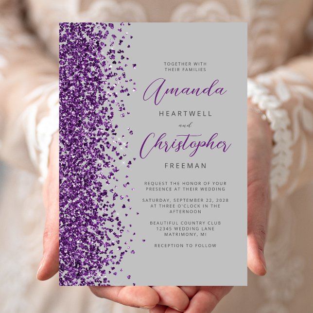 Purple Glitter Gray Modern Script Wedding Invitation (Creator Uploaded)