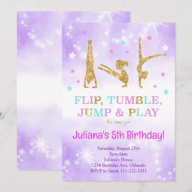 Purple Glitter Gymnastic Birthday Invitation (Front/Back)