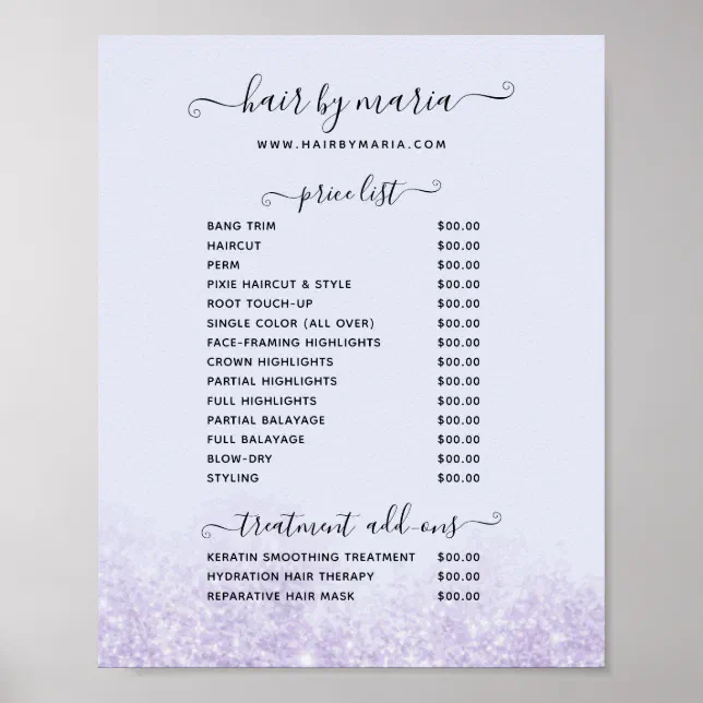 Beauty Salon Price Blow Dry Bar Price List Purple Glitter Hair Salon