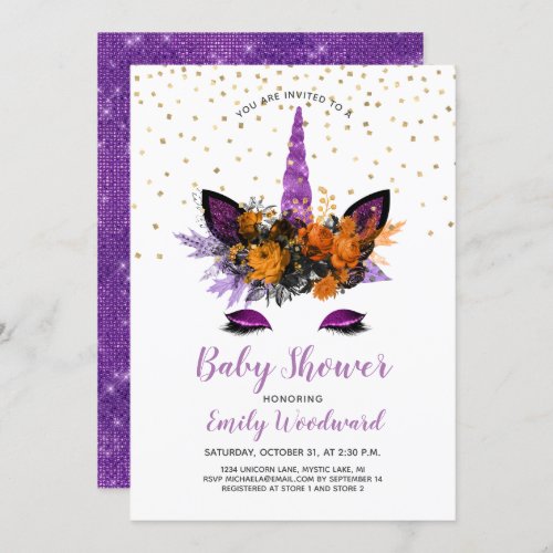 Purple Glitter Halloween Unicorn Girl Baby Shower Invitation