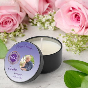 Purple Glitter Happy 100th Birthday, Photo Mini Candle Favors