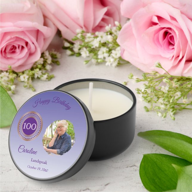 Purple Glitter Happy 100th Birthday, Photo Mini Candle Favors (Insitu (Wedding))
