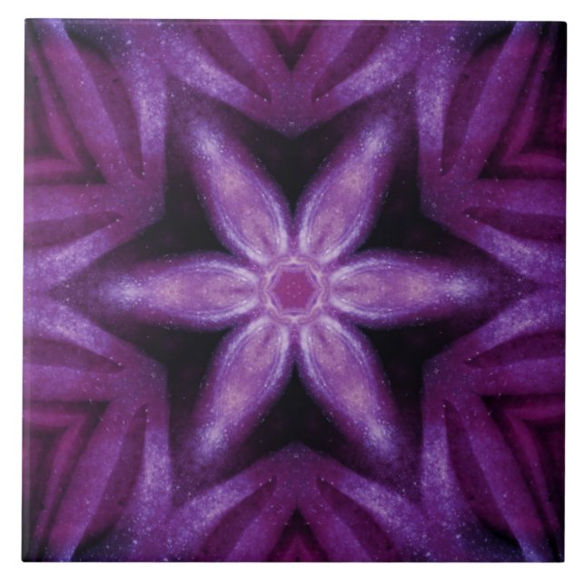 Purple Glitter Heart & Flower Kaleidoscope Pattern Ceramic Tile (Front)