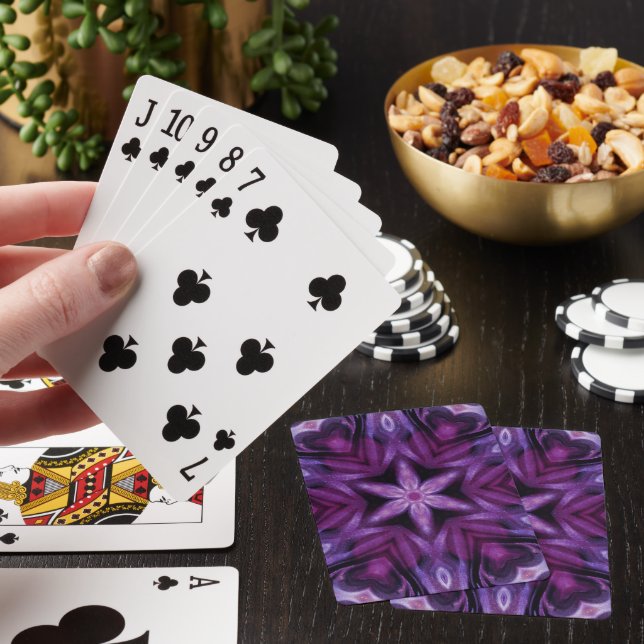 Purple Glitter Heart & Flower Kaleidoscope Pattern Poker Cards (In Situ)