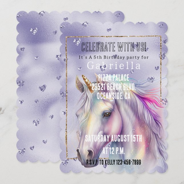Purple Glitter Hearts Unicorn Invitation (Front/Back)