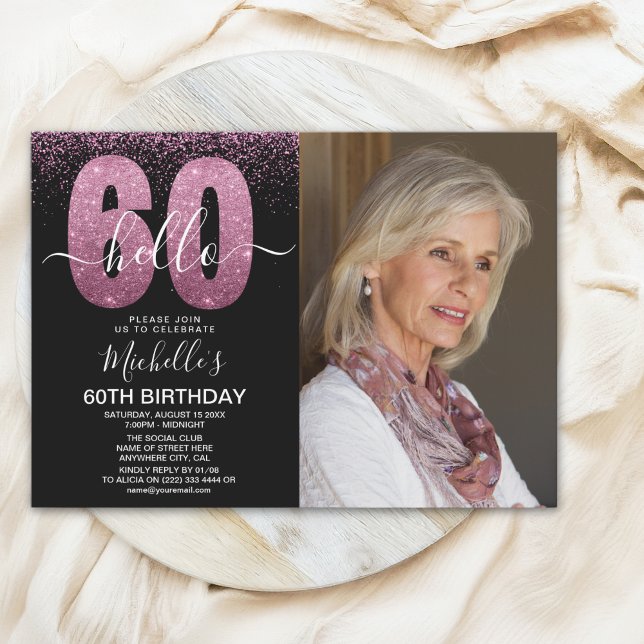 Purple Glitter "Hello 60" Photo Birthday  Invitation (Creator Uploaded)