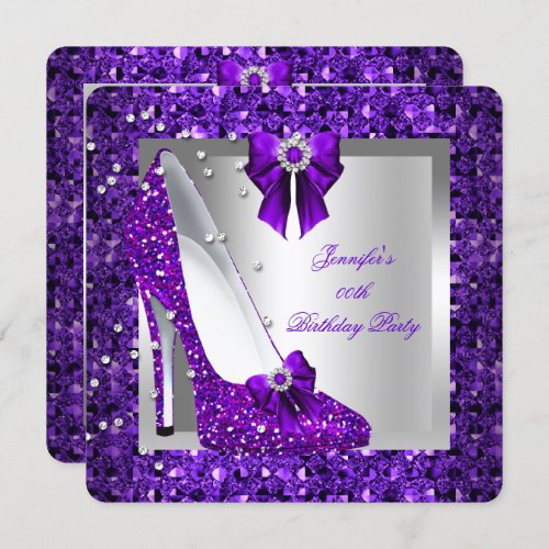 Purple Glitter High Heel Shoe Birthday Party Invitation