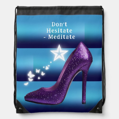 Purple Glitter High Heel Shoe on Blue Gradient  Drawstring Bag