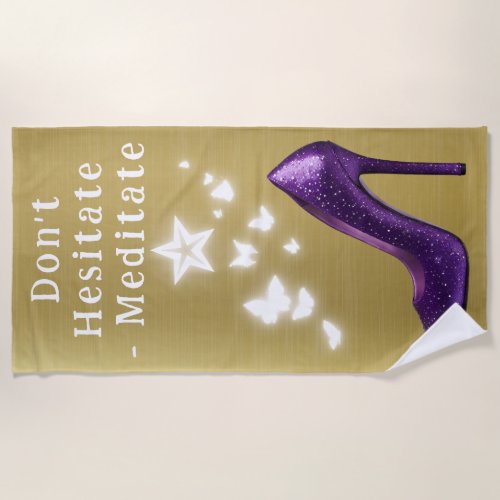 Purple Glitter High Heel Shoe on Gold  Beach Towel