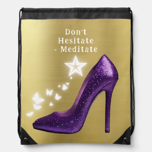 Purple Glitter High Heel Shoe on Gold  Drawstring Bag