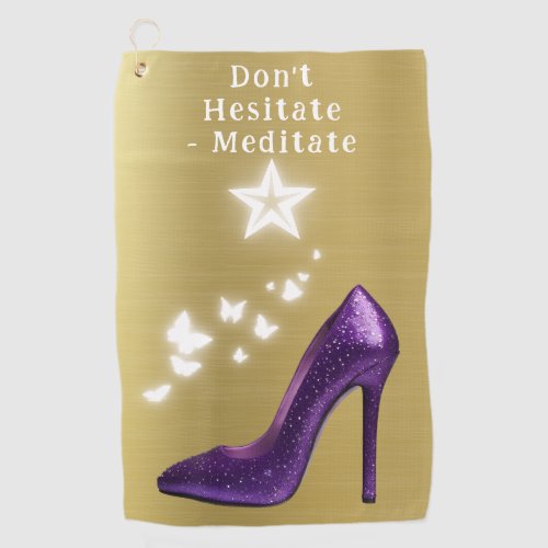 Purple Glitter High Heel Shoe on Gold  Golf Towel