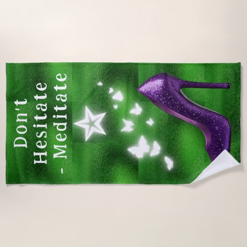 Purple Glitter High Heel Shoe on Green  Beach Towel