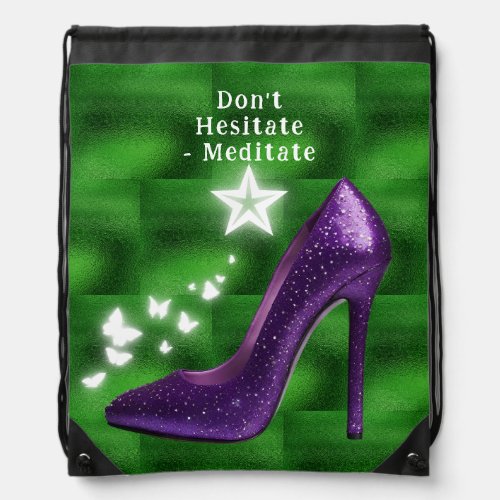 Purple Glitter High Heel Shoe on Green  Drawstring Bag