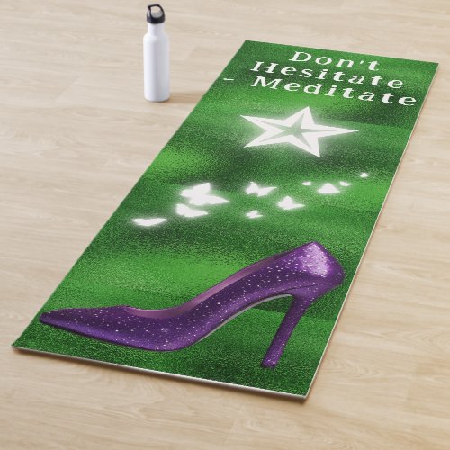 Purple Glitter High Heel Shoe on Green  Yoga Mat