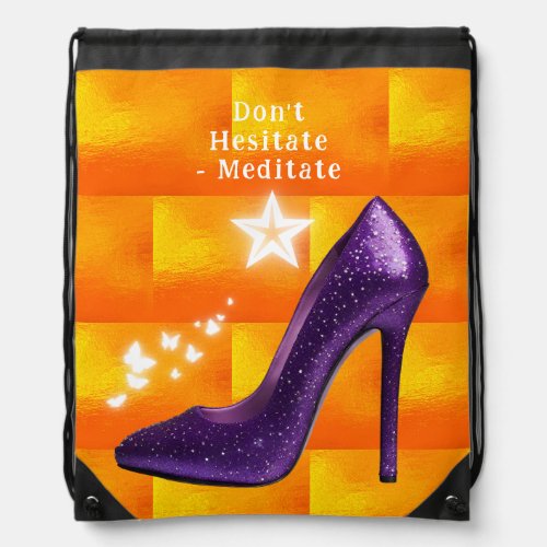 Purple Glitter High Heel Shoe on Orange  Drawstring Bag
