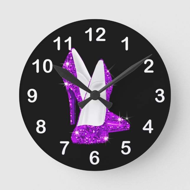Purple Glitter High Heel Shoes Stiletto Round Clock (Front)