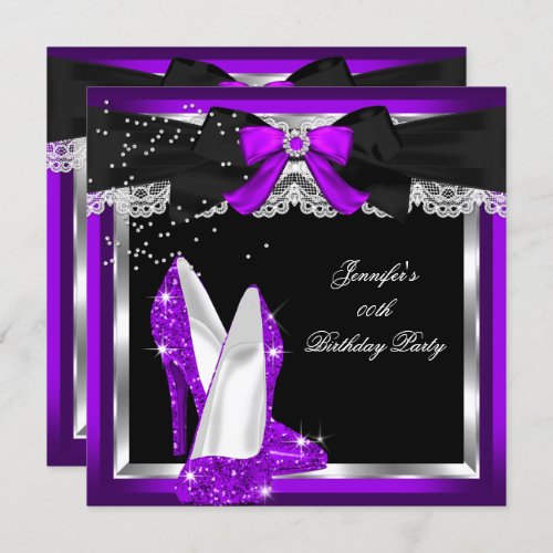 Purple Glitter High Heel Silver Birthday Party Invitation
