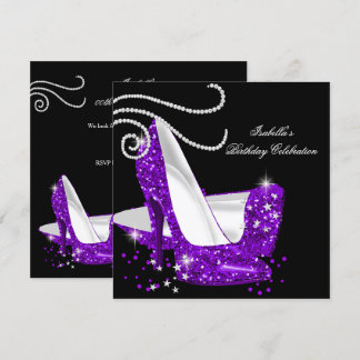 Purple Glitter High Heels Black Birthday Party Invitation