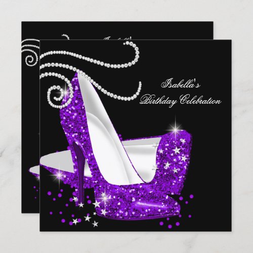 Purple Glitter High Heels Black Birthday Party Invitation
