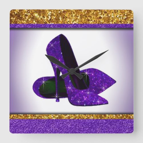 Purple Glitter high Heels Square Wall Clock