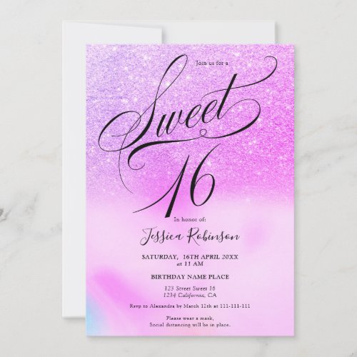 Purple glitter holographic script chic Sweet 16 Invitation
