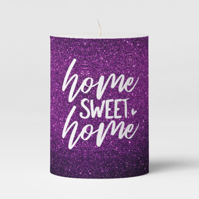 Purple Glitter Home Sweet Home Pillar Candle (Front)