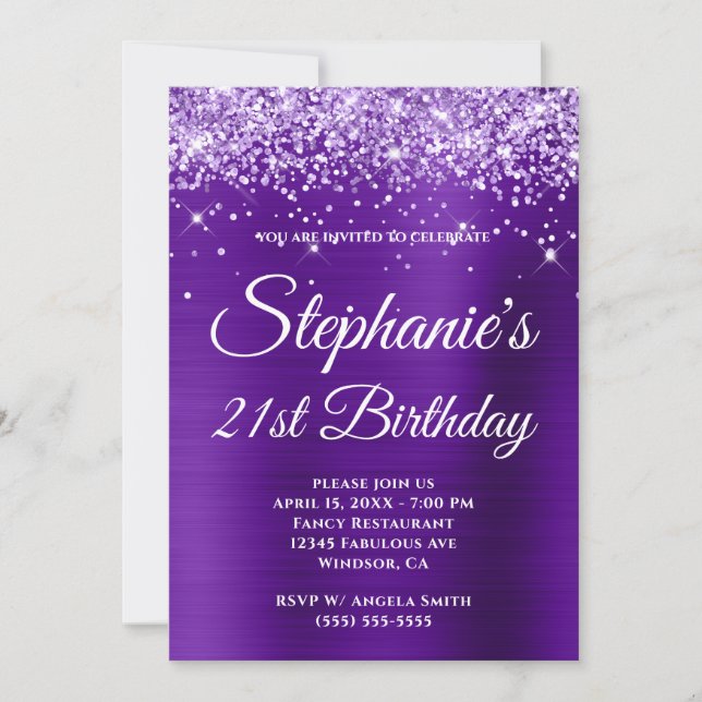 Purple Glitter Indigo Ombre Foil 21st Birthday Invitation (Front)