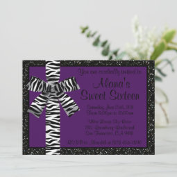 Purple Glitter Invite With Zebra Print Bow | Zazzle