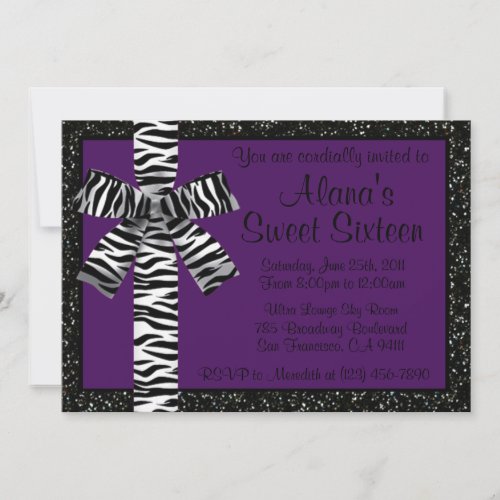 Purple Glitter Invite With Zebra Print Bow