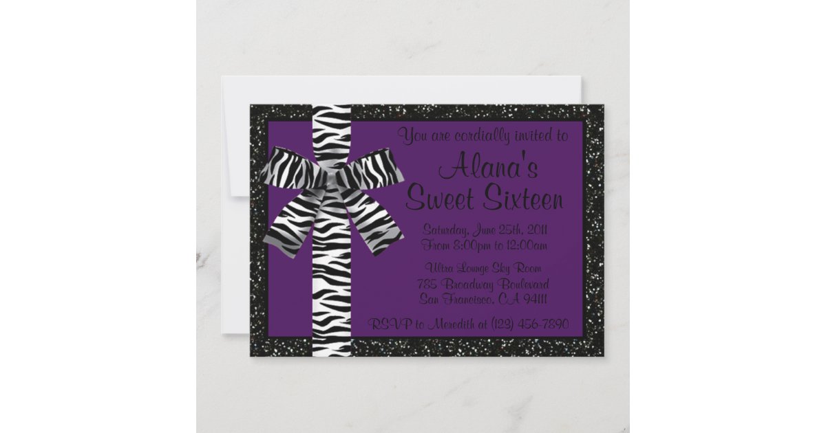 Purple Glitter Invite With Zebra Print Bow | Zazzle