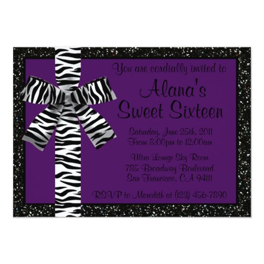Purple Glitter Invite With Zebra Print Bow | Zazzle.com