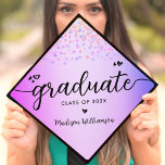 Purple Glitter Jewels Chic Modern Script Hearts Graduation Cap Topper<br><div class="desc">Your favorite grad will stand out and make a statement when they wear this graduation cap topper! Let them celebrate their milestone with this girly, stunning, simple, modern, custom graduation keepsake. A fun, playful visual of black script handwriting and cute, playful hearts, along with her name and class year, overlay...</div>