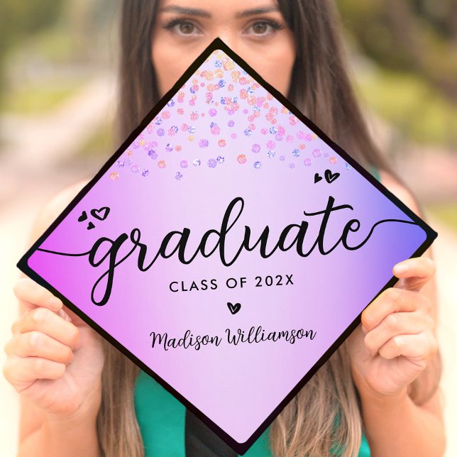 Purple Glitter Jewels Chic Modern Script Hearts Graduation Cap Topper (Creator Uploaded)
