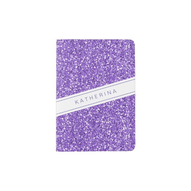 Purple Glitter Lavender Modern Girly Stripe Passport Holder (Front)