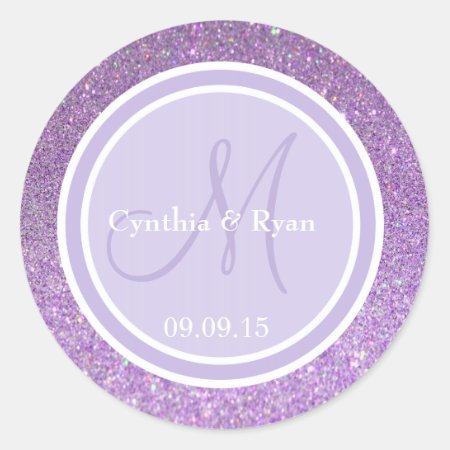 Purple Glitter & Lavender Wedding Monogram Classic Round Sticker